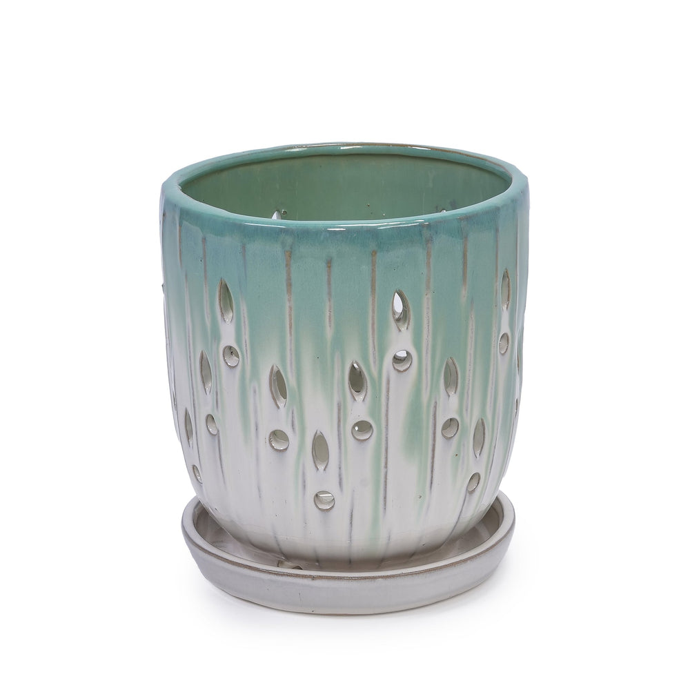 Set of 2 Ceramic Flowerpot with Drainage Hole, 8' Modern Planter for Patio, Garden, Windowsill - White Green Media 6