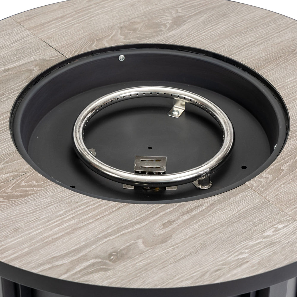 Propane Fire Pit Table Round Steel Wood Grain Ceramic Tabletop For Outdoor Patio & Backyard Entertaining Media 3