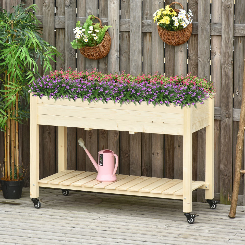 Outsunny Raised Garden Bed with Lockable Wheels and Storage Shelf, Natural Wood, 47 x 22 x 33 Inches Media 9