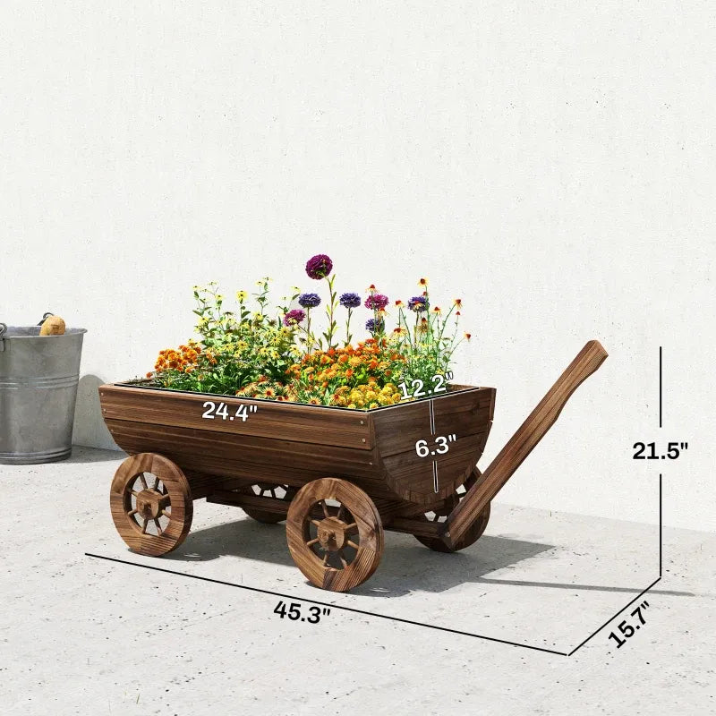Small Wheelbarrow Wagon Flower Cart,Wooden Mobile Garden Planter Media 8