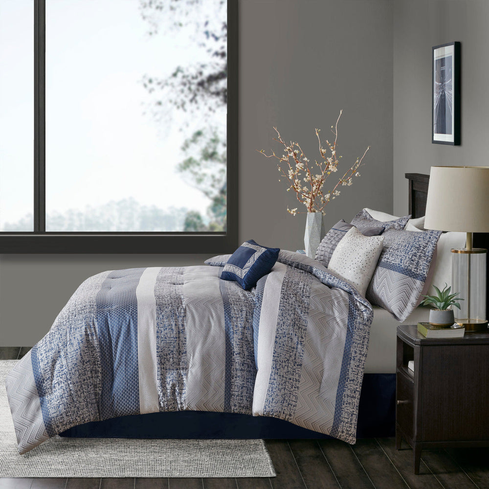 7 Piece Jacquard Comforter Set Navy King Media 4