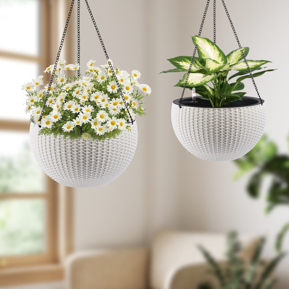 13.4 inch Self-Watering Hanging Rattan-Inspired Planter Large Capacity, Root-Rot Resistant Water Storage with Water Level Indicator, Dual-Use for Indoor & Balcony Decoration (Pack of 2, White) Media 12