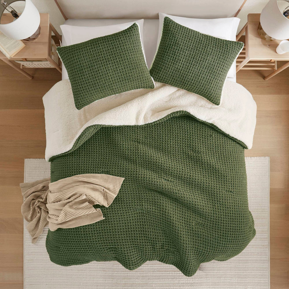 3 Pieces King/Cal King Waffle Knit Chenille Comforter Set,Olive Media 18
