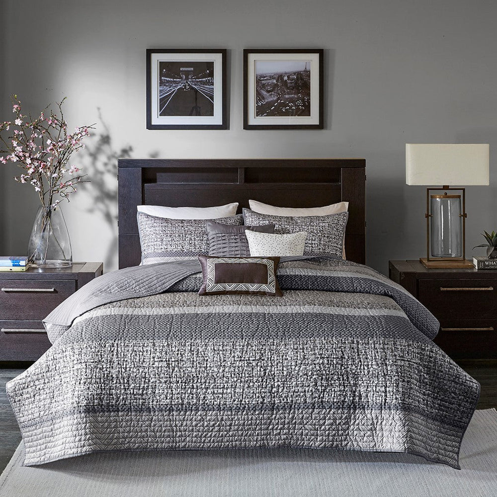 6 Piece Reversible Jacquard Quilt Set with Throw Pillows Grey/Taupe King/Cal King Media 1