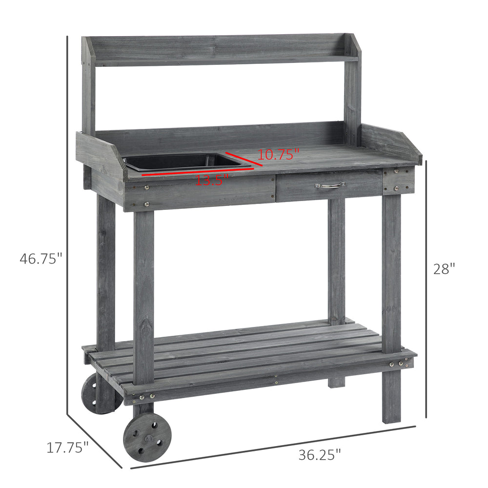 Outsunny 36'' Wooden Potting Bench Work Table with 2 Removable Wheels, Sink, Drawer & Large Storage Spaces, Gray Media 3
