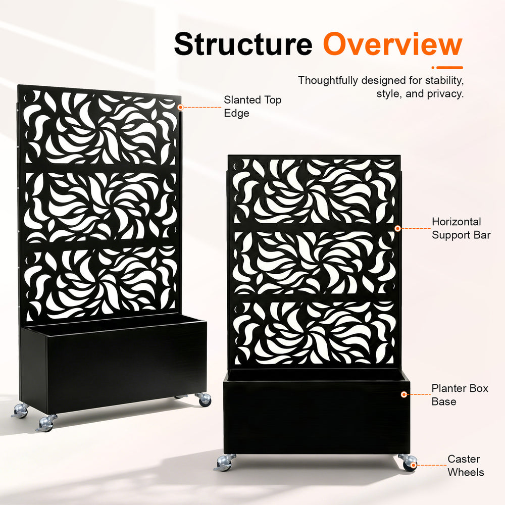 70.87' H × 46.06' W Leaf Pattern Privacy Screen with Planter Box, Black Metal Freestanding Decorative Fence Planter for Patio Balcony Backyard Media 3