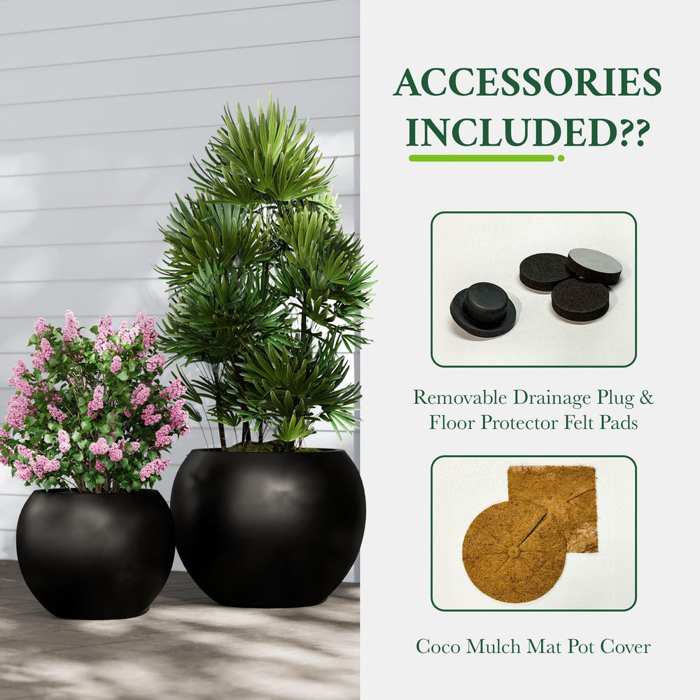 DTY Fiberstone Globe Planter Indoor Outdoor — Lightweight Sphere Ball Pot for Olive Tree, Monstera & Palm | Fiberglass Stone | UV Resistant, Drainage Hole | 2 Coco Mats | Black | 12.6