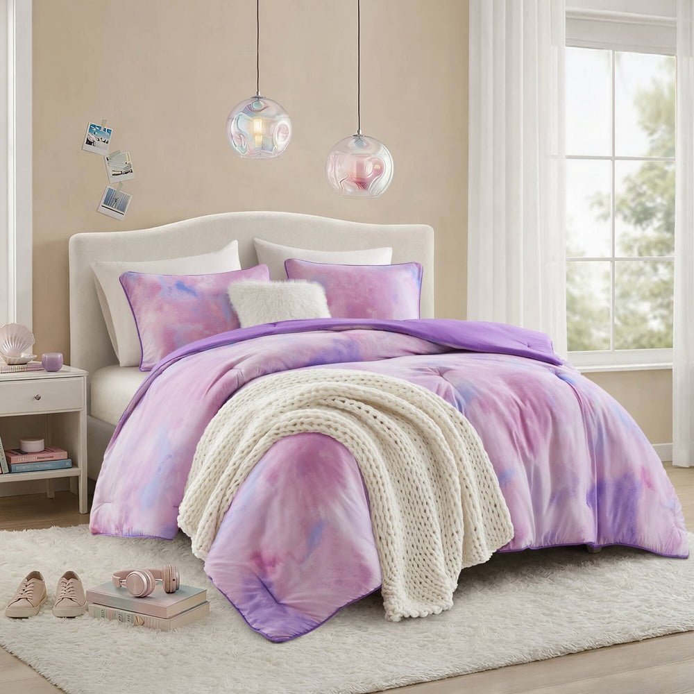 4 Pieces Full/Queen Watercolor Tie Dye Printed Comforter Set with Throw Pillow,Purple Media 18