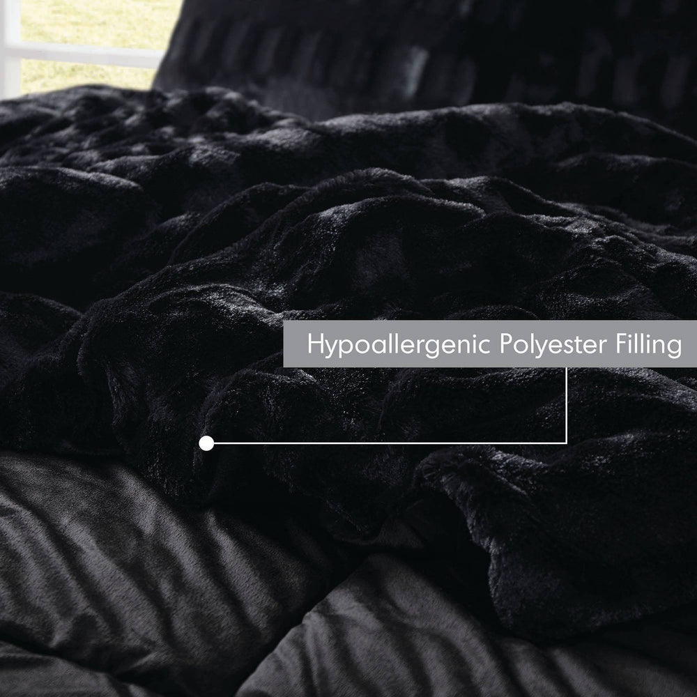 3 PCS Full/Queen Solid Faux Fur Comforter Mini Set Black Media 4