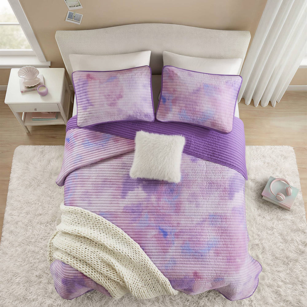 4 Pieces Full/Queen Watercolor Tie Dye Printed Quilt Set with Throw Pillow,Purple Media 16
