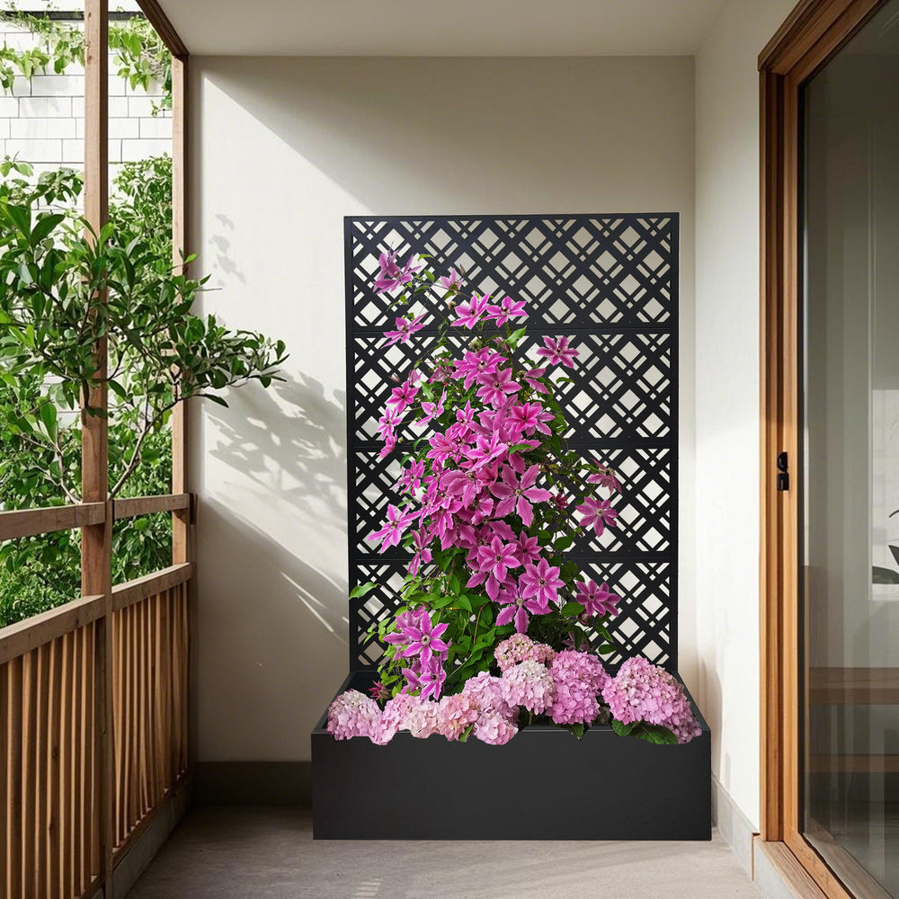 Rhombus Black Metal Planter Raised Garden Bed with Trellis 70.9in H x 43.3in W x 15.8in D for Climbing Plants Flowers Vegetables, Galvanized Iron with Drainage Holes Media 4