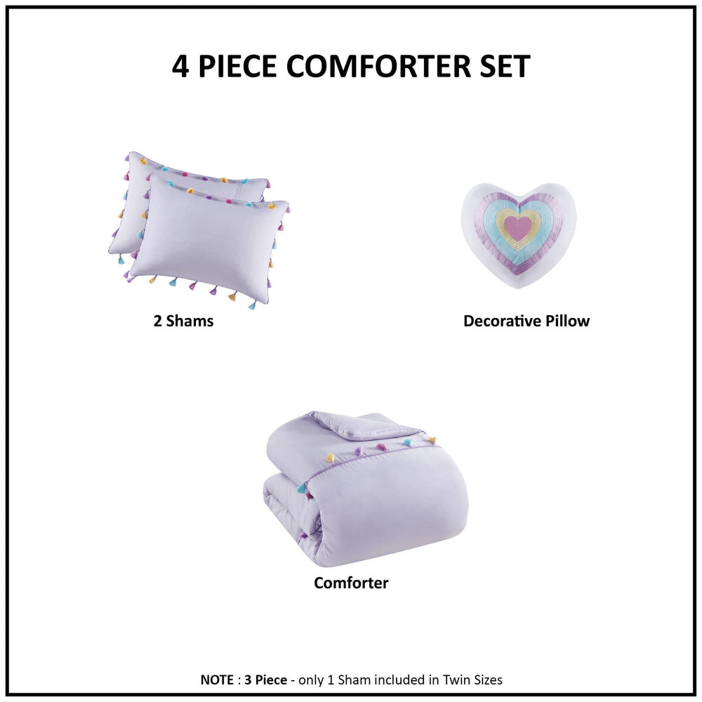 3 PCS Twin Tassel Comforter Set with Heart Shaped Throw Pillow Lavender Media 6