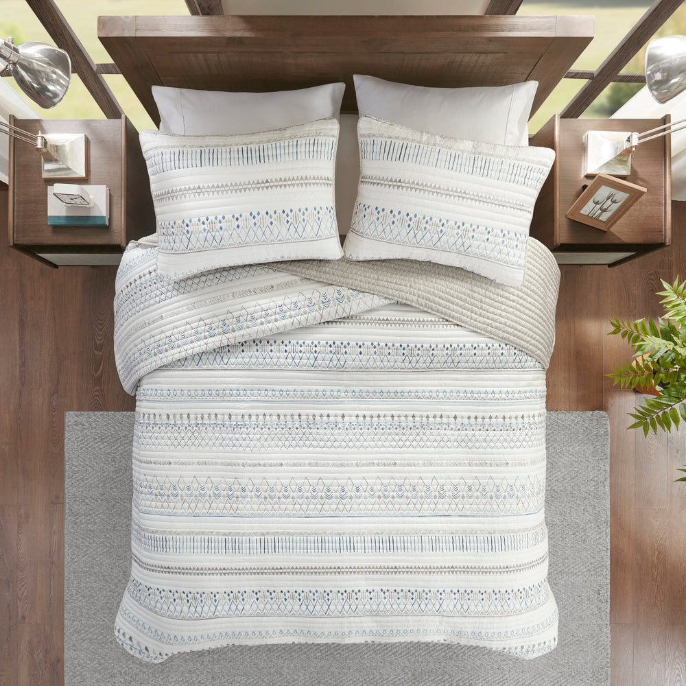 3 Piece   Seersucker Quilt Set Taupe/Blue King/Cal King Media 14