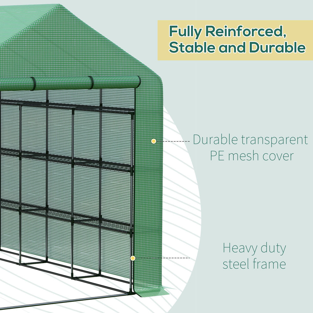 Walk-in Greenhouse for Outdoors with Roll-up Zipper Door, 18 Shelves, PE Cover, Small & Portable Build, Heavy Duty Humidity Seal, 95.25' x 70.75' x 82.75', Green Media 6
