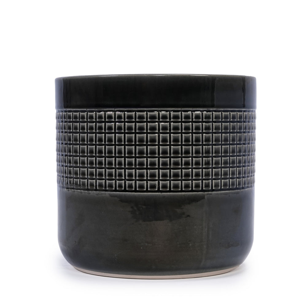 Handmade Black Glazed Ceramic Planter Set of 3, 9' 7' 6' Diameter, Grid Pattern, for Succulents & Cacti Indoor/Outdoor Shelf & Table Use, Porous Clay with Drainage Holes Media 8