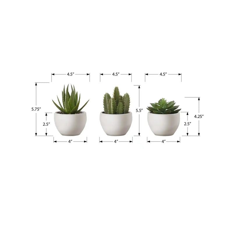 Artificial Succulent Plants Set of 3, 6' Tall, Green Faux Indoor Decor in White Pots, Plastic, Tabletop Greenery