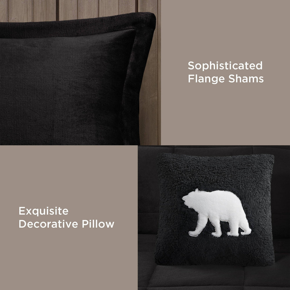 4-Piece King Plush to Sherpa Down Alternative Comforter Set,Black/Black Media 15