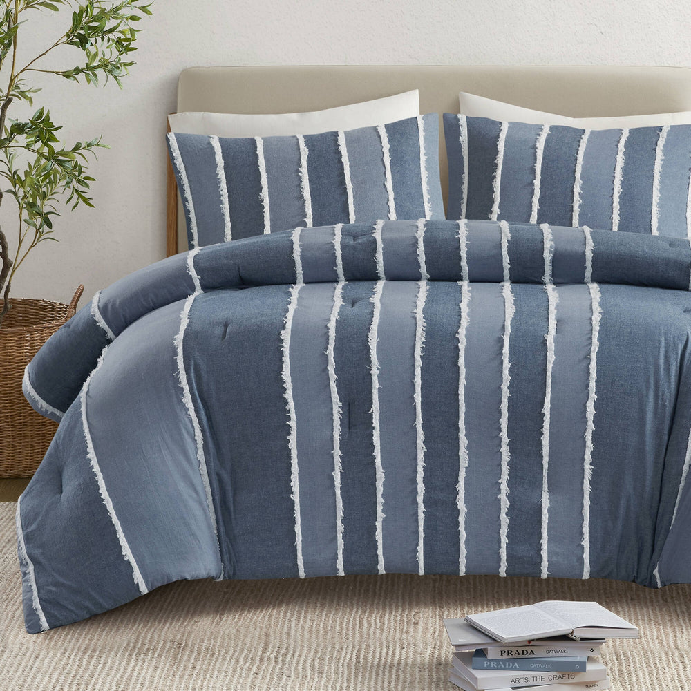 3 Pieces King/Cal King Striped Cotton Comforter Set,Blue Media 7