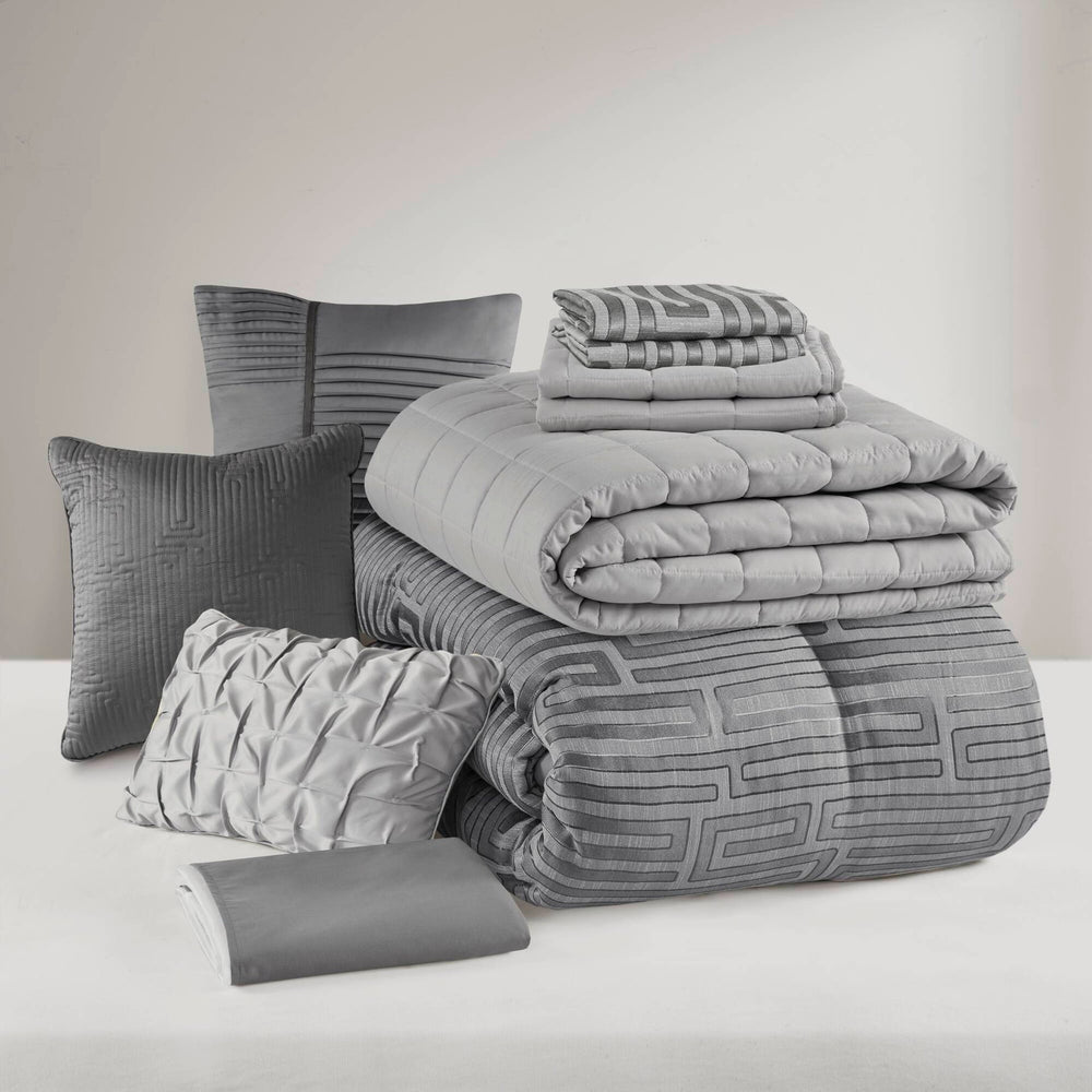 10 PCS King Luxury Jacquard Comforter Set Grey Media 14