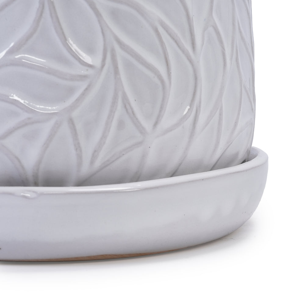Handmade White Glossy Ceramic Planter Set of 2, 6' & 8' Diameter, Leaf Pattern Design, for Succulents and Herbs Indoor/Outdoor Shelf & Table Use, Breathable Clay with Saucers Media 16