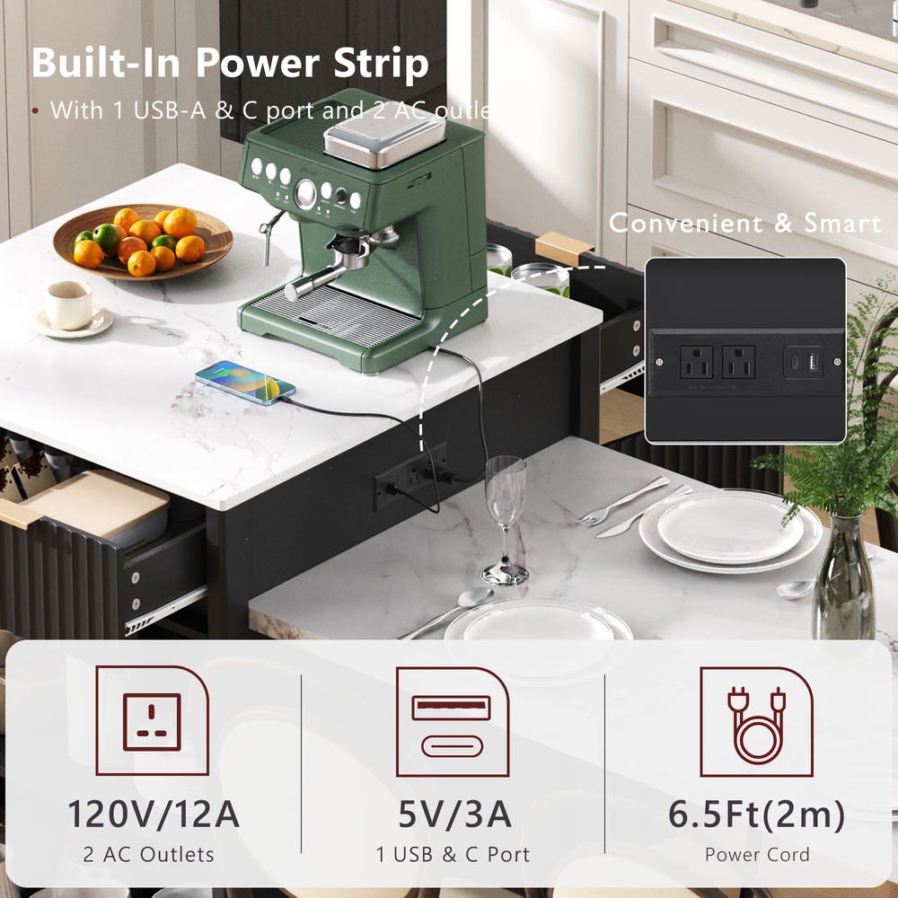 Kitchen Island Modern With Extendable Dining Table & Power Outlet For 4-6 People Black Media 9