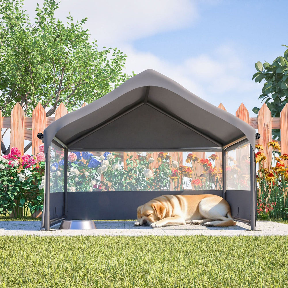 Extra Large Outdoor Dog House Tent with 3-Sided Mesh Windows, Breathable Sun Rain Cover Pet Shelter with Canopy and Ground Stakes for Dogs, Cats, Livestock – 4' x 4' x 3.3', Gray Media 12