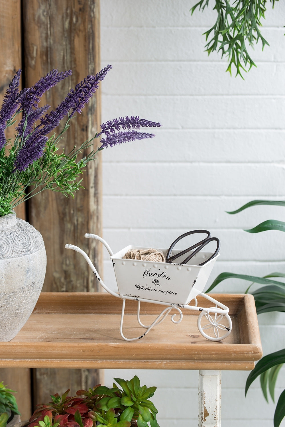 11.5x4x7' White Metal Decorative Disressed Wheelbarrow Planter, Tabletop Decor Media 13