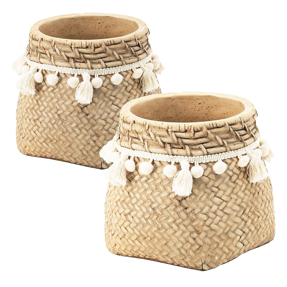 Set of 2 6.5x6.5x6' Brown Cement Planter with Woven Tassel Accent Media 2