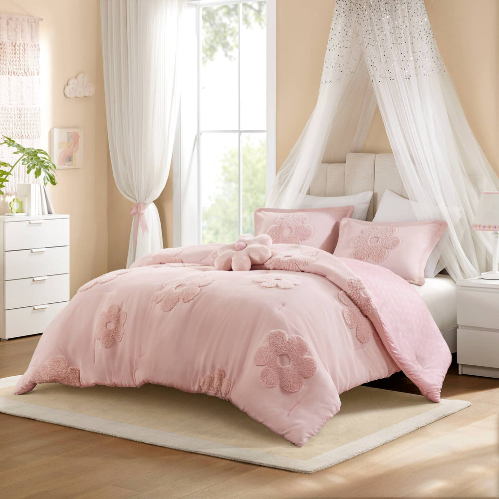 4-Piece Full/Queen Floral Reversible Tufted Chenille Comforter Set with Flower Throw Pillow,Pink Media 1