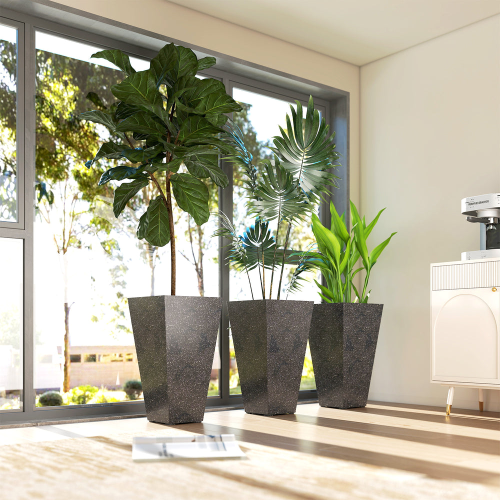 Outsunny 28' Tall Planters, Set of 3 Plastic Flower Pots with Marble Finish and Drainage Holes, Stackable Tapered Outdoor Planters, Black Media 2