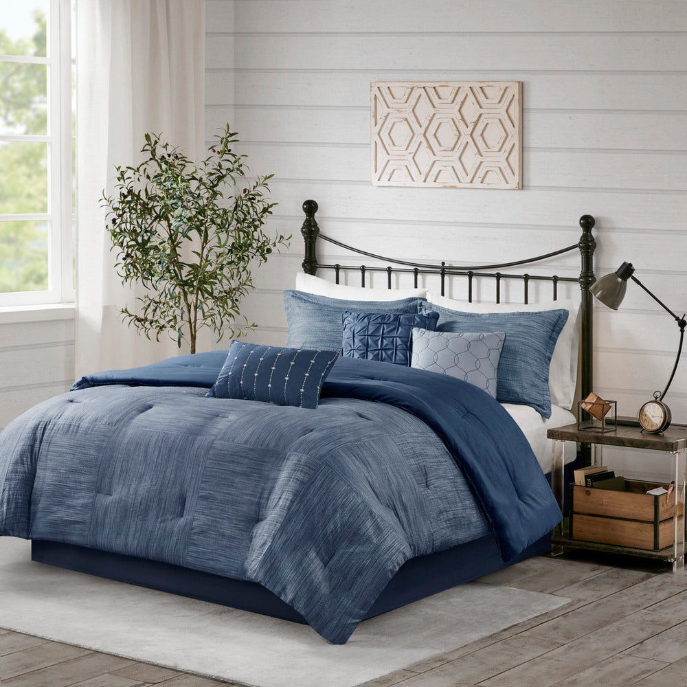 7 Piece Printed Seersucker Comforter Set Navy Queen Media 1
