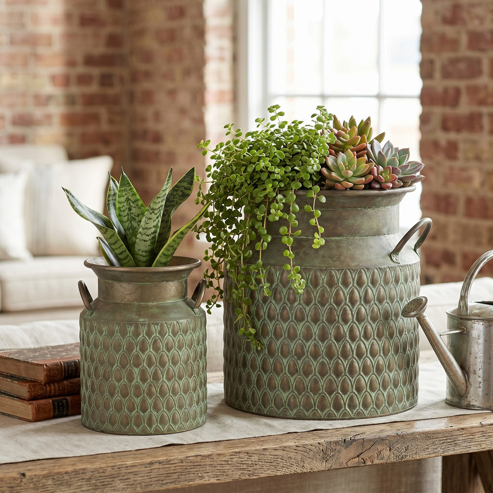 S/2 Iron Milk Jug Planters with Textured Green Finish Media 1