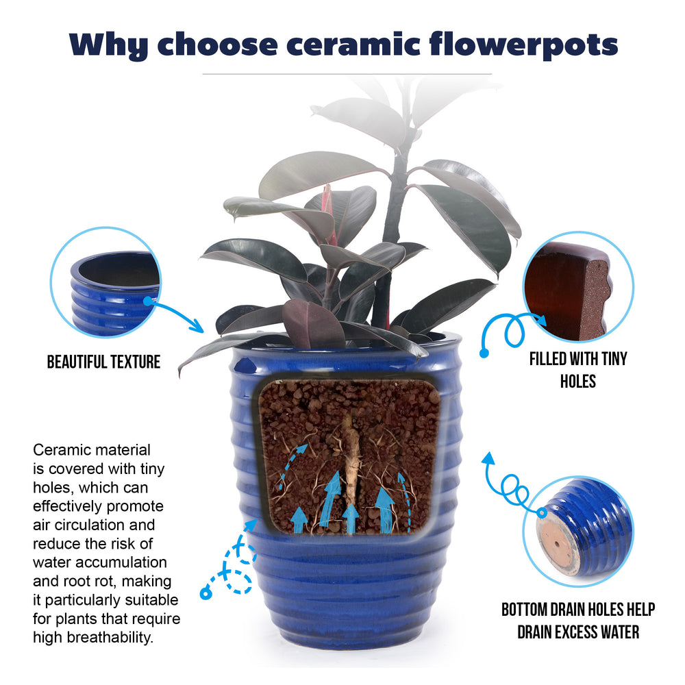 Handmade Sapphire Blue Ceramic Planter, 17 Inch Diameter, 1 Piece, Horizontal Ripples Pattern, for Monstera and Fiddle Leaf Fig, Indoor & Outdoor Doorway Use, Breathable Clay Media 7