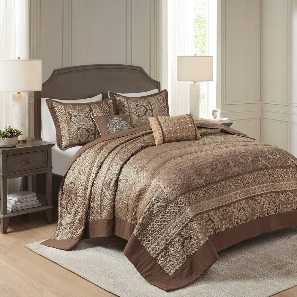 5 Piece Reversible Jacquard Bedspread Set Brown/Gold Queen Media 1