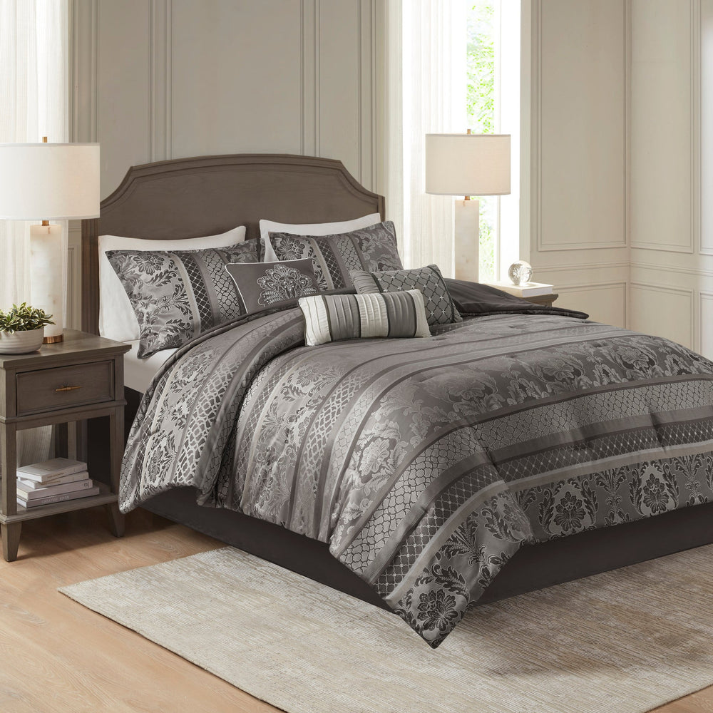 7 Piece Jacquard Comforter Set Grey Queen Media 1