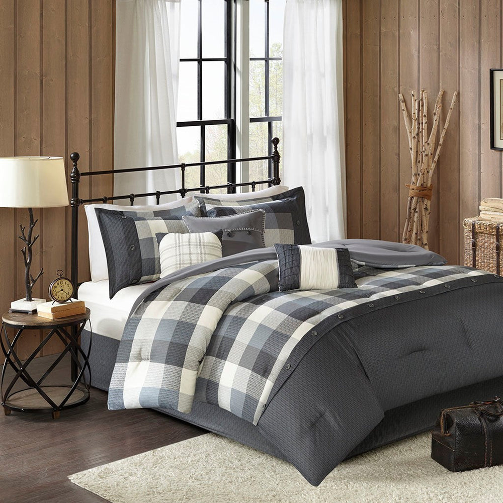 7 Piece Herringbone Comforter Set Grey Queen Media 1