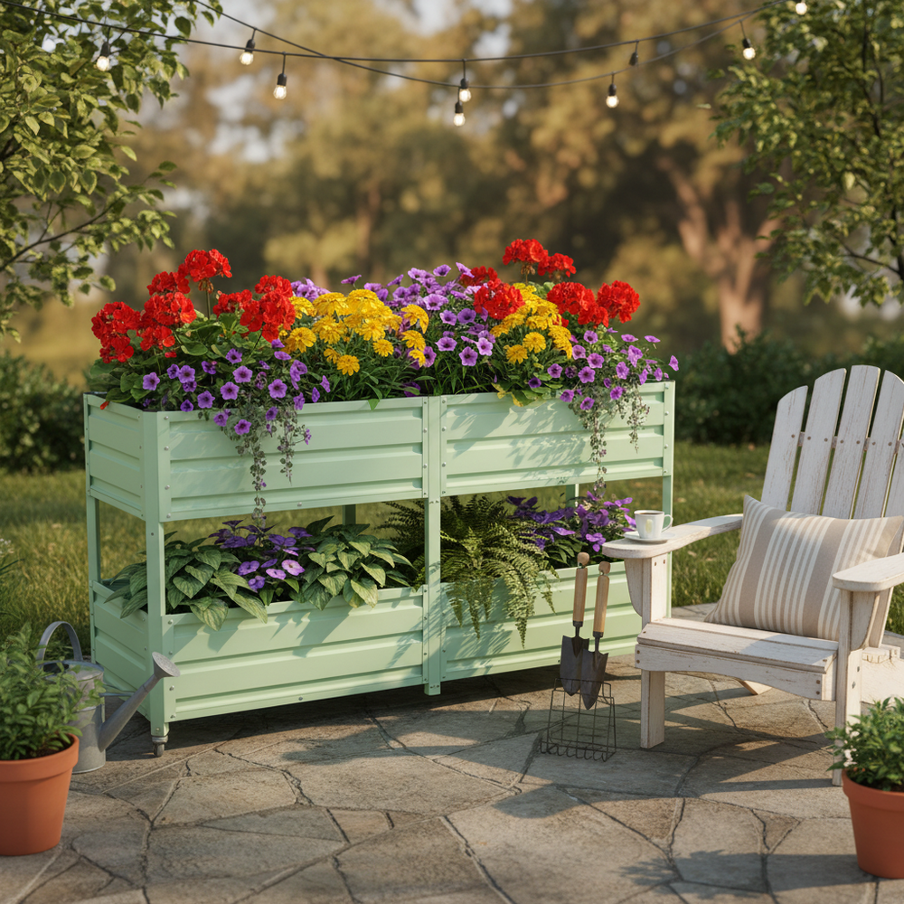 Dual Tier Elevated Metal Raised Garden Bed with Lockable Wheels, Staggered 2-Layer Raised Planter Box for Vegetables Herbs Flowers, Outdoor Patio Backyard Green Planting Bed,Green Media 1