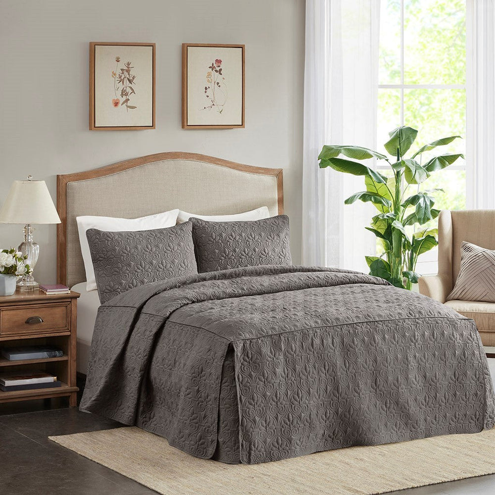 3 Piece Split Corner Pleated Quilted Bedspread Dark Grey Queen Media 1