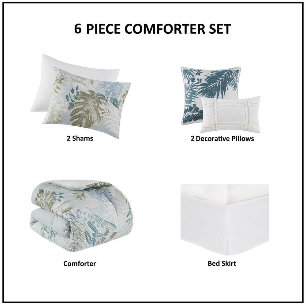 6 Piece Oversized Cotton Comforter Set with Throw Pillow Blue Full Media 7