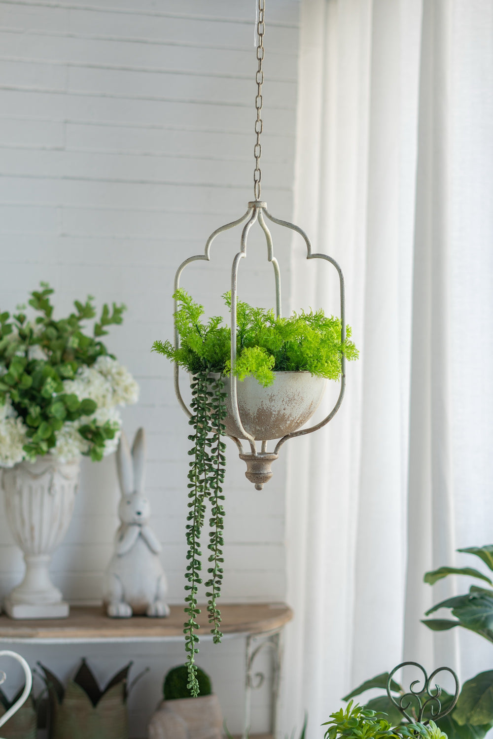 12x10x21.5' Rustic Hanging Iron Planter with Distressed White Finish Media 1