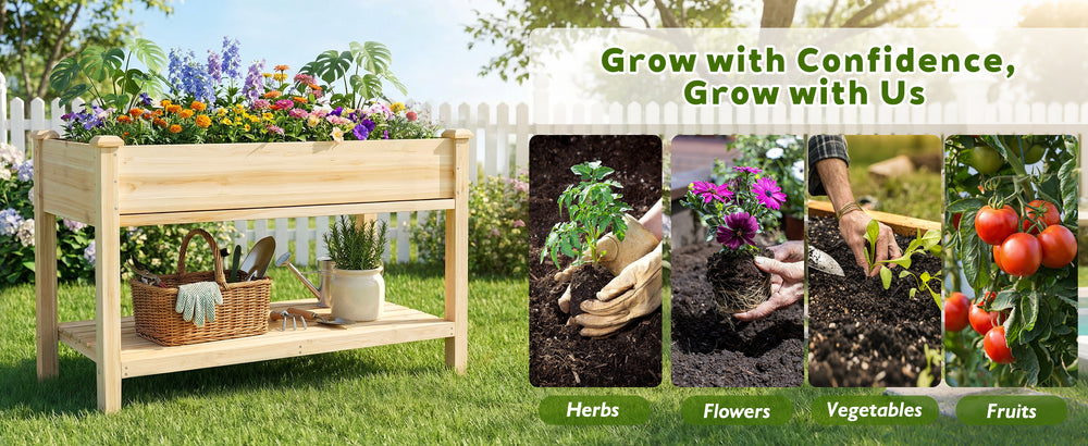 Raised Garden Bed 48x23x31.1-inch Elevated Wood Planter with Water Collection Tray, Storage Shelf, Protective Liner Media 15
