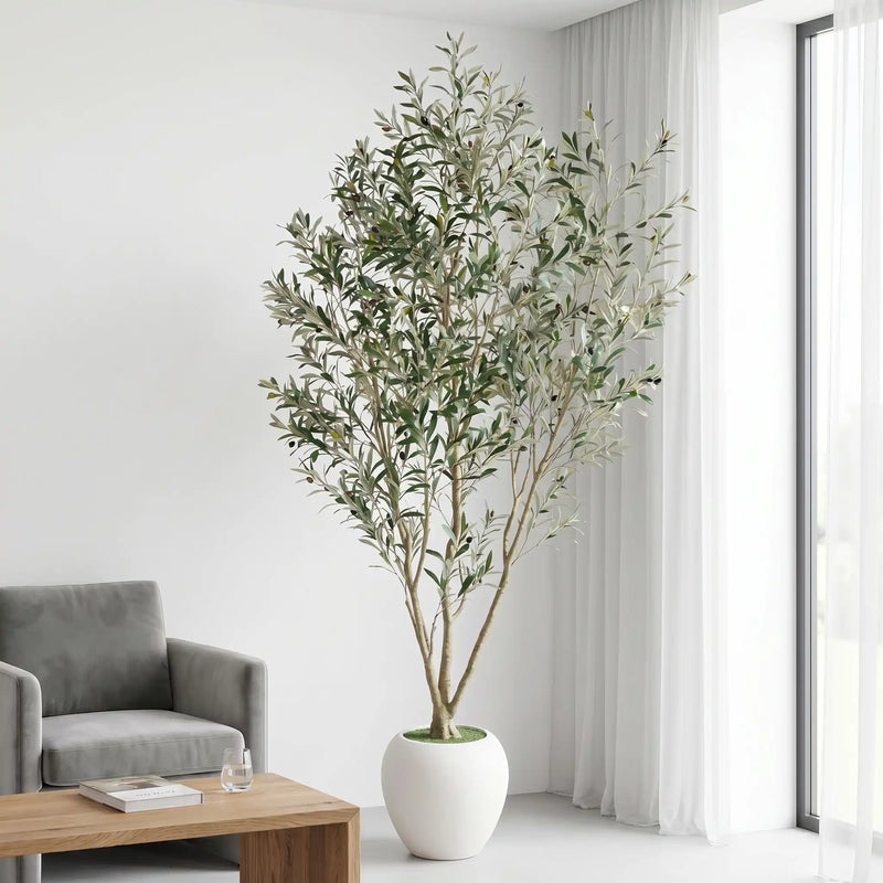 8FT Artificial Olive Tree With Big Decorative White Planter, Tall Indoor & Covered Outdoor Decorative Tree, 1pc/set