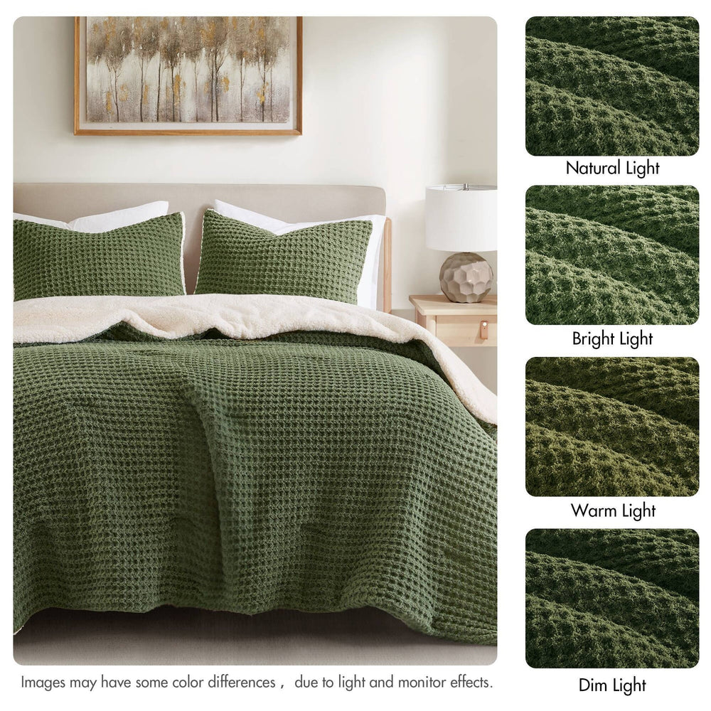 3 Pieces Full/Queen Waffle Knit Chenille Comforter Set,Olive Media 2