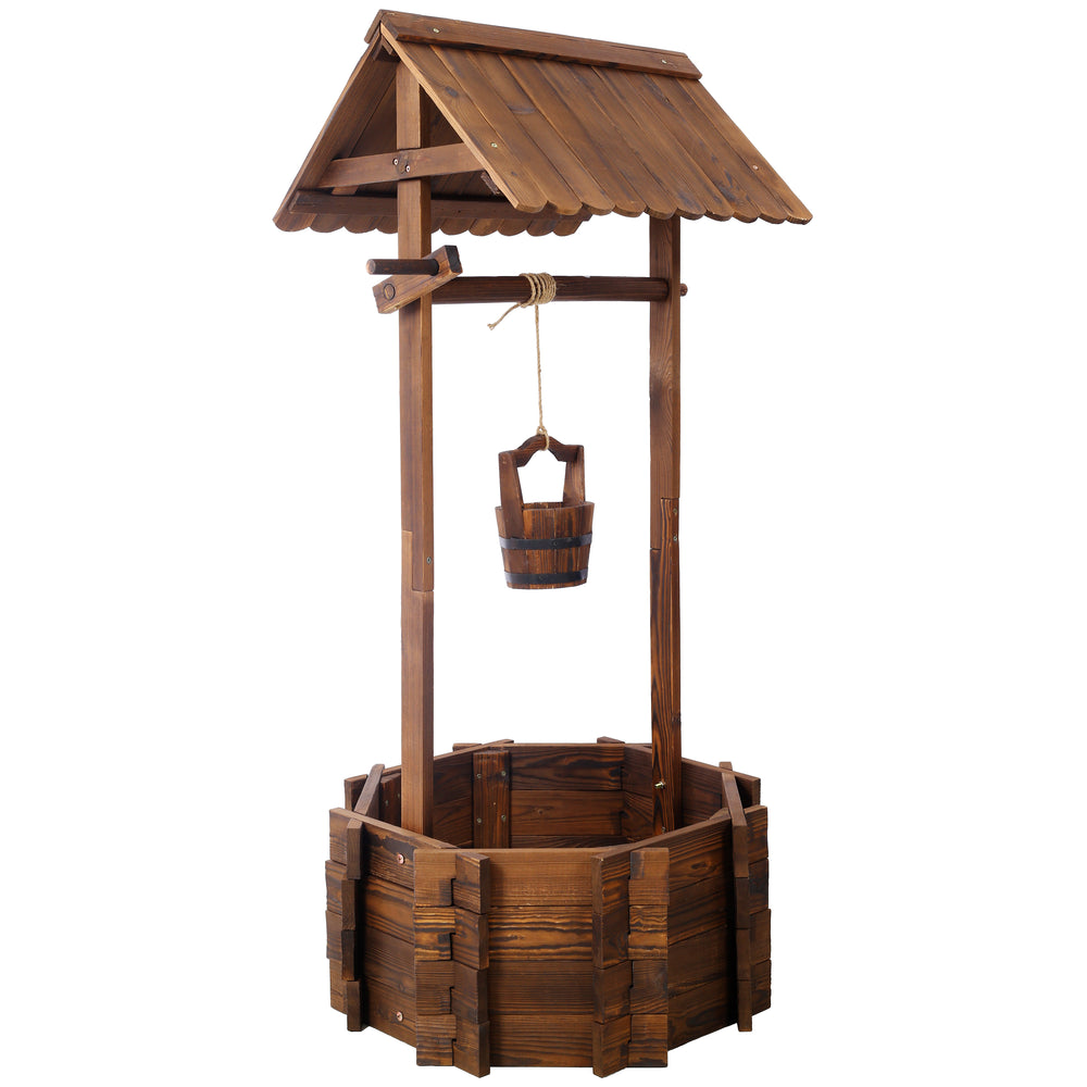 Rustic Wooden Wishing Well Planter Outdoor Home Décor for Patio, Garden, Yard w/Hanging Bucket Media 3