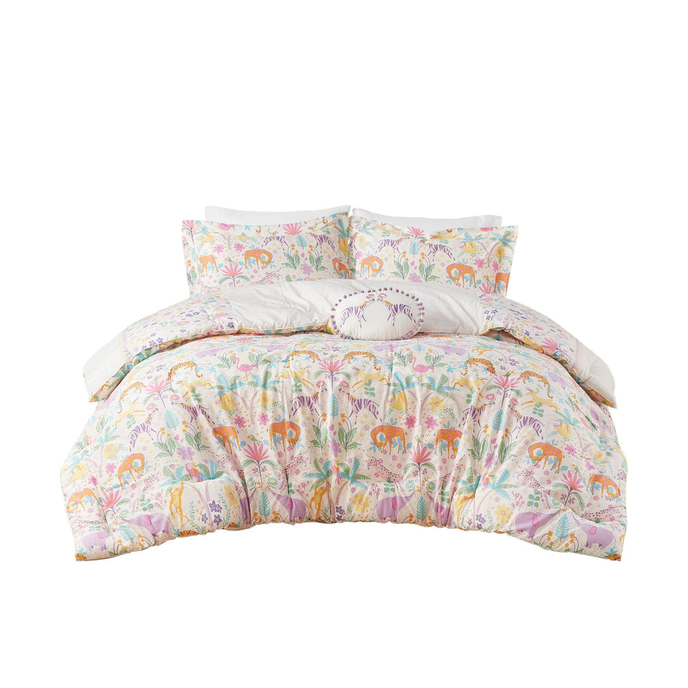 4 PCS Full/Queen Floral Reversible Cotton Comforter Set with Throw Pillow Purple Media 12