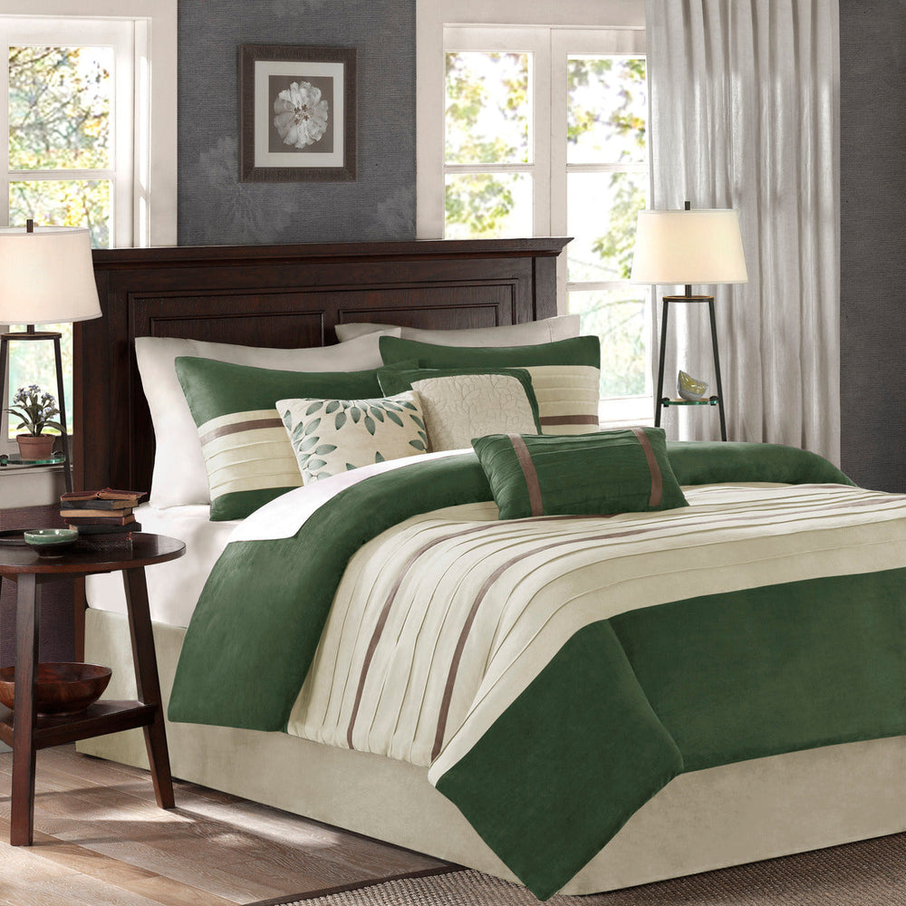 7 PC Pieced Faux Suede Comforter Set Green Cal King Media 1