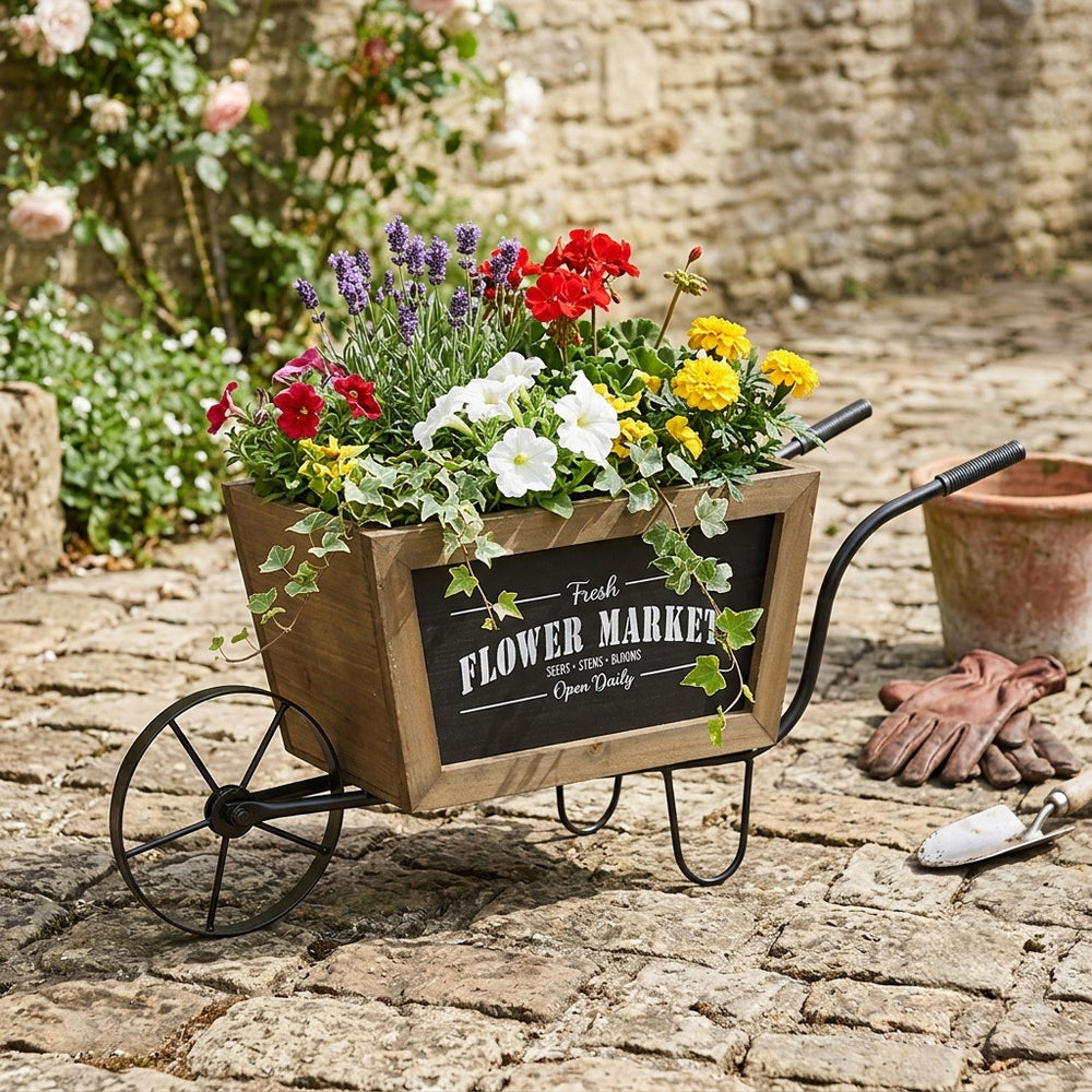 19.5x8x8.3' Brown Wooden Wheelbarrow Planter with Black Iron Frame Media 1