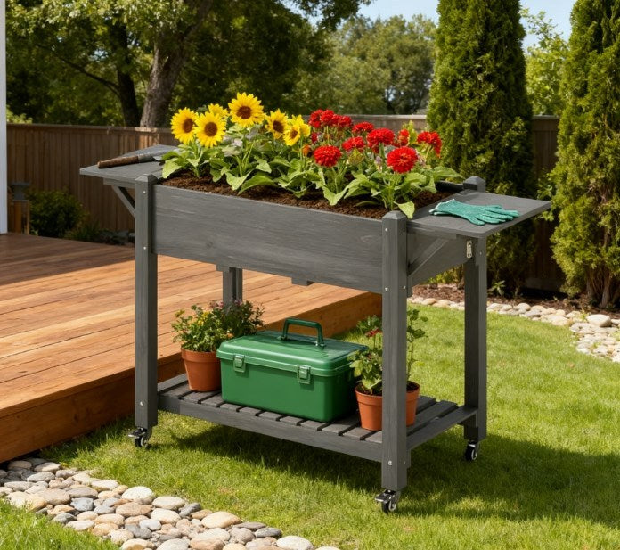 Elevated Garden Bed,Wood Raised Planter Box,with Lockable Wheels,Side Tables,Bottom Shelf,Drain Holes Media 1