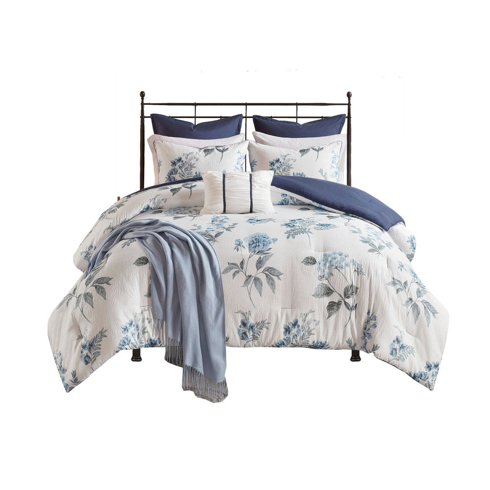 7 Piece Printed Seersucker Comforter Set with Throw Blanket Blue Full/Queen Media 12