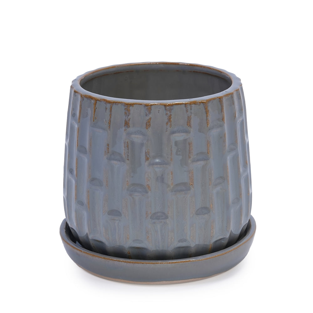 Handmade Gray Glazed Ceramic Planter Set of 2, 6' & 8' Diameter, Vertical Ribbed Pattern, for Succulents & Herbs Indoor/Outdoor Shelf & Table Use, Breathable Clay with Saucers Media 8
